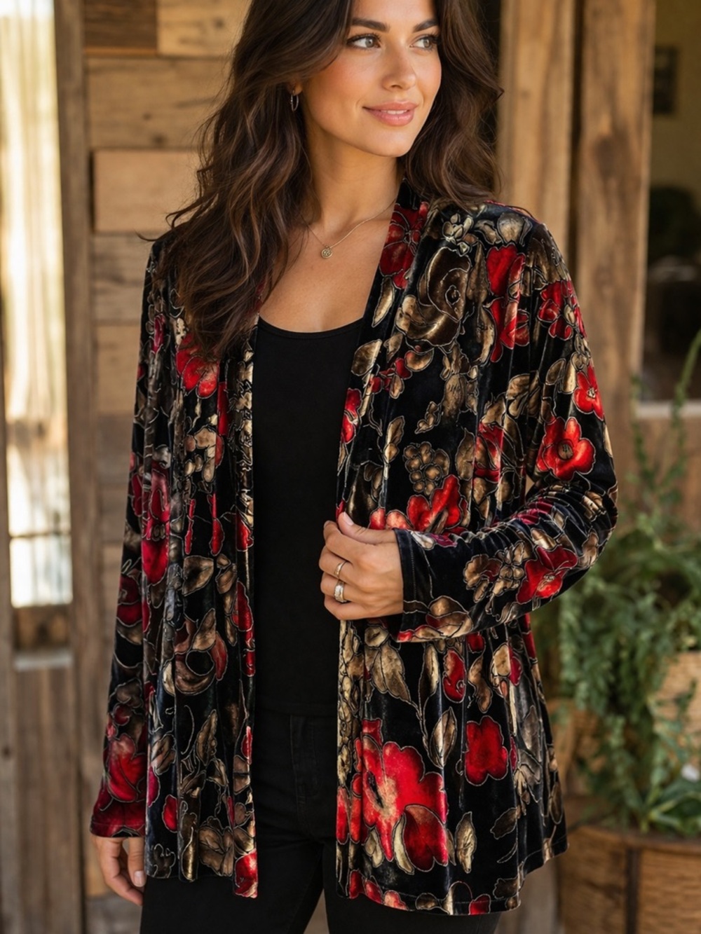 🌹 Vintage Bold Floral Velvet Cardigan Sweater – BFA Classics, Size L - Picture 2 of 8